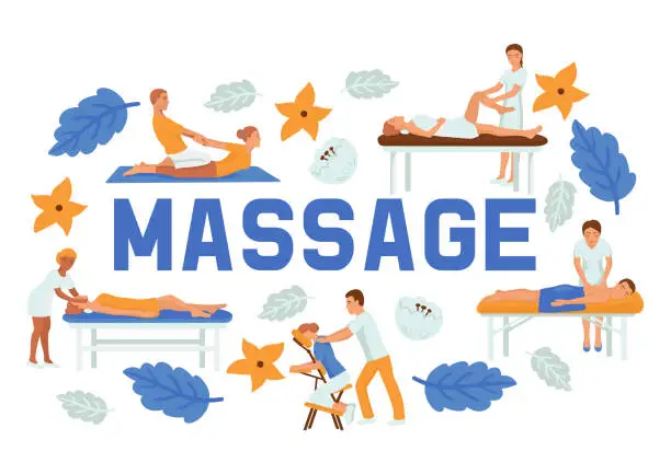 Vector illustration of Medical massage people poses set of banners vector illustration. Osteopaths performing treatment manipulations or massaging their patients. Set of specialists in osteopathy, chiropractic.