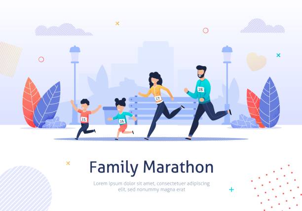 illustrations, cliparts, dessins animés et icônes de membres de la famille exécutant marathon ensemble bannière. - marathon running jogging competition