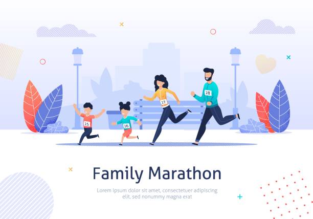ilustrações de stock, clip art, desenhos animados e ícones de family members running marathon together banner. - child running sport sports race