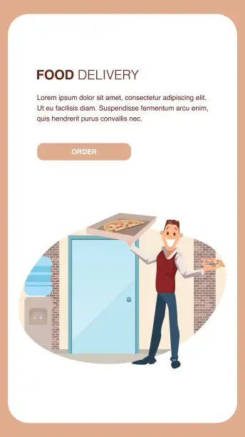 Vector illustration of Male Office Worker Hold Box from Pizza Delivery