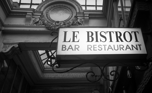 Retro Bistro Sign in Black and White taken in Paris Arcade