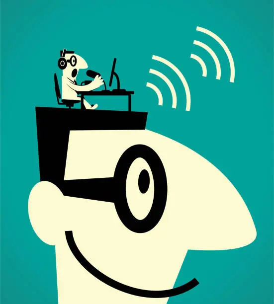 Vector illustration of Radio presenter (announcer) talking with a microphone and sitting at a desk on giant man's head
