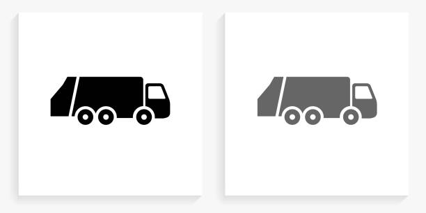 ilustraciones, imágenes clip art, dibujos animados e iconos de stock de camión de basura blanco y negro icono de la plaza - camion de basura