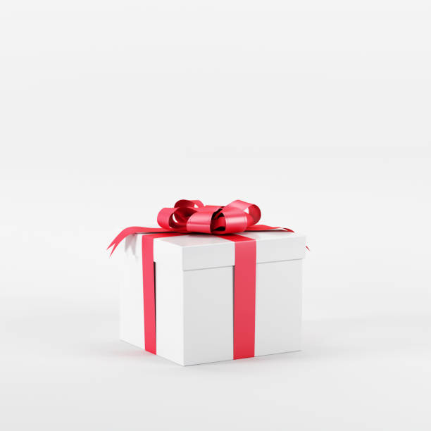 istock Outstanding white gift box with red ribbon on white background. All white minimal concept. 1140258051