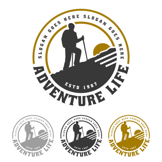 Mountain badge, camping and hiking emblem design, adventure life Mountain badge, camping and hiking emblem design, adventure life adventure stock illustrations