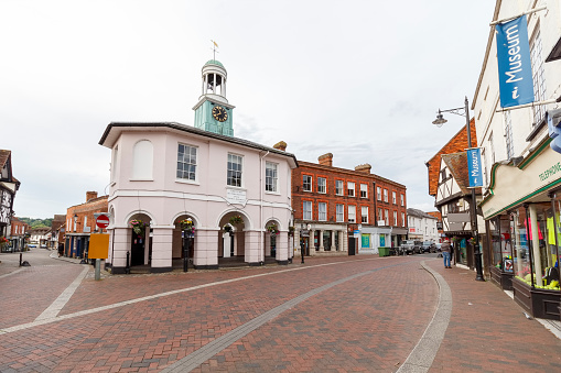 Taunton, UK. Saturday 19 November 2022. Panorama over centre of Taunton with River Tone and shopping centre
