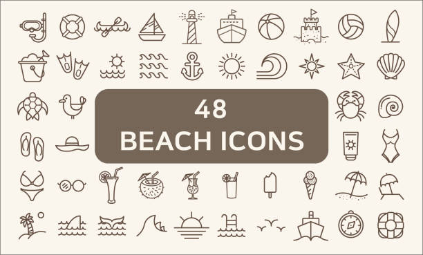 Set of 48 Ocean and Beach Vector Icons thin line style. Contains such Icons as beach ball, seaside, ocean, swimsuit, bikini, lighthouse, swimming goggles, turtle And Other Elements. beach symbols stock illustrations