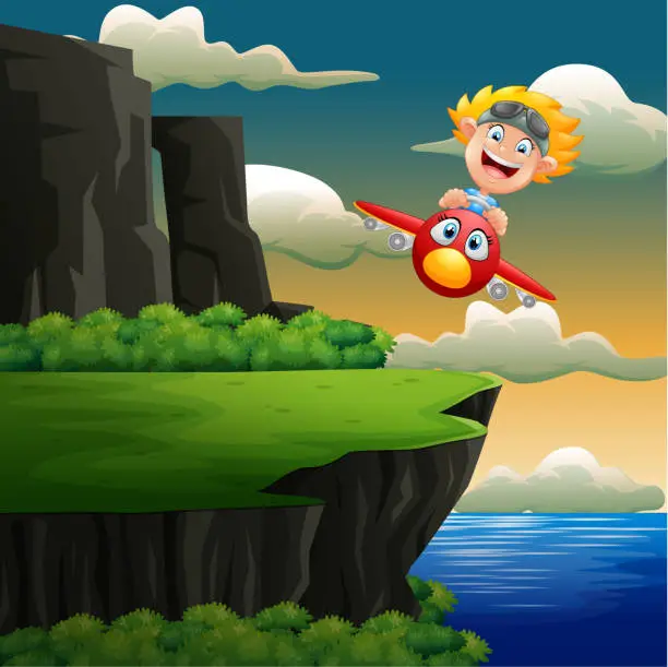 Vector illustration of Happy little boy riding a plane above the cliff