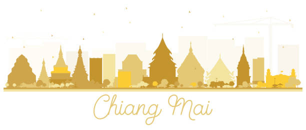 Chiang Mai Thailand City Skyline Silhouette with Golden Buildings Isolated on White. Chiang Mai Thailand City Skyline Silhouette with Golden Buildings Isolated on White. Vector Illustration. Tourism Concept with Modern Architecture. Chiang Mai Cityscape with Landmarks. chiang mai city stock illustrations