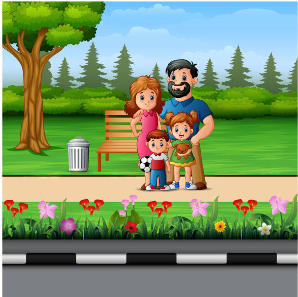 Funny Cartoon Family In The Beautiful Park Stock Illustration - Download  Image Now - Child, Playing, Yard - Grounds - iStock