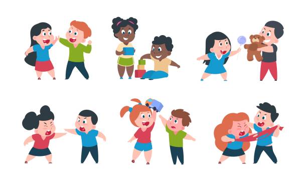 Kids behavior. Cartoon brother and sister fight cray play, cute little boy girl happy characters. Vector funny best friend children Kids behavior. Cartoon brother and sister fight cray play, cute little boy girl happy characters. Vector funny best friend children set child behaving badly stock illustrations
