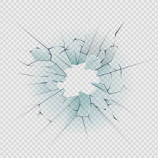 Broken glass. Cracked window texture realistic destruction hole in transparent damaged glass. Realistic shattered glass template Broken glass. Cracked window texture realistic destruction hole in transparent damaged glass. Vector realistic shattered glass template destruction stock illustrations