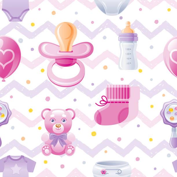 istock Girl baby shower seamless pattern. Cute cartoon wallpaper background whith kid icons - pacifier, bear toy, baby bottle, shoes. Isolated on white background with hand drawn pink zig zag & polka dot 1140278031
