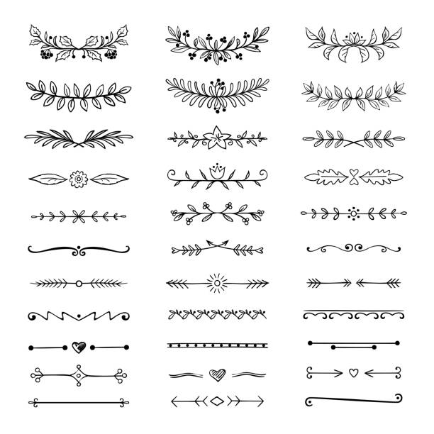 doodle trennwände. handgezeichnete linienränder und lorbeerblätter, ornamentale zierrahmen, naturblumenpfeil-skizze. vector teiler - decorative lines stock-grafiken, -clipart, -cartoons und -symbole