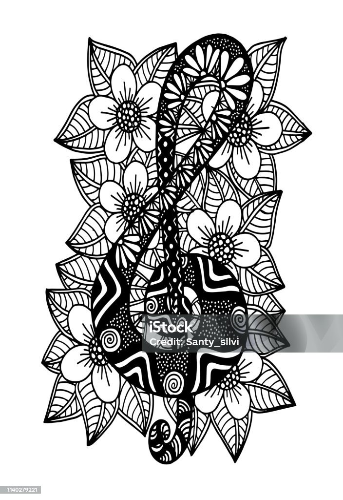 Treble clef pattern for adult coloring book. Floral, retro, doodle, vector, design element. Black and white background. Doodle style Abstract stock vector
