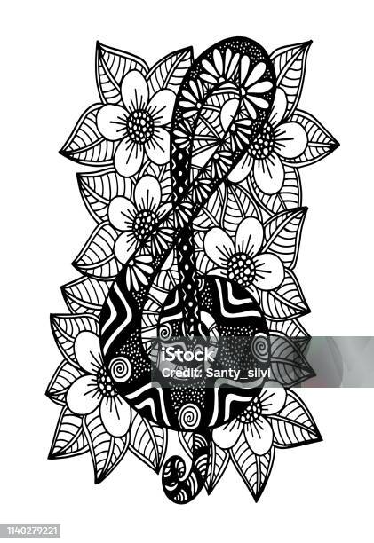 Treble Clef Pattern For Adult Coloring Book Floral Retro Doodle Vector Design Element Black And White Background Doodle Style Stock Illustration - Download Image Now