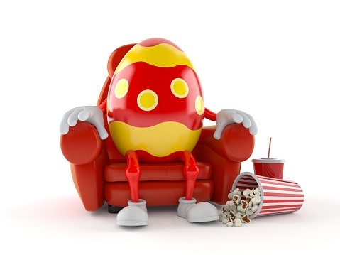 Easter egg character sitting in the cinema isolated on white background. 3d illustration