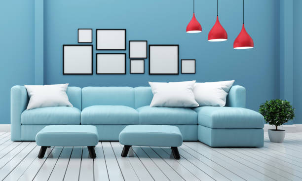 istock Minimal designs, living room interior with sofa plants and lamp on blue wall background. 3D rendering 1140280423
