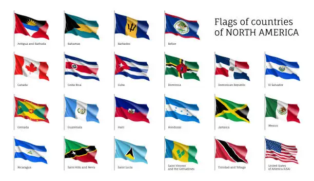 Vector illustration of Realistic waving flags of North America continent