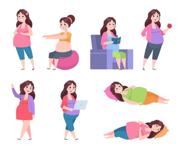 Flat pregnant woman. Healthy exercises for moms, pregnancy diet, happy young mom reading, sleeping and resting. Vector Flat pregnant woman. Healthy exercises for moms, pregnancy diet, happy young mom reading, sleeping and resting. Vector set beautiful woman walking stock illustrations