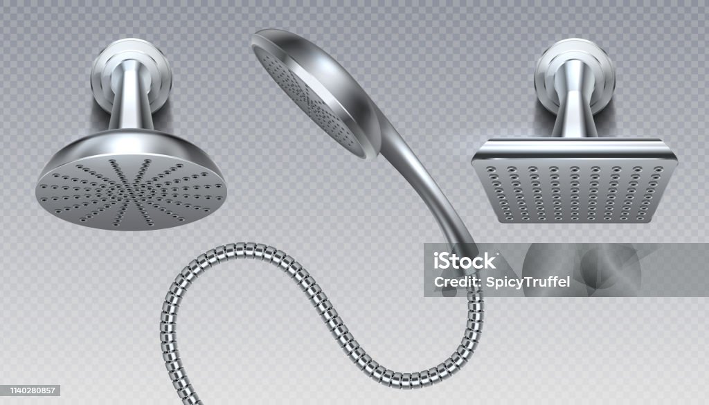 Shower metal heads. Realistic bathroom sprinkler on transparent background with water rain spray. Vector falling drops Shower metal heads. Realistic bathroom sprinkler on transparent background with water rain spray set. Vector falling drops Bathroom stock vector
