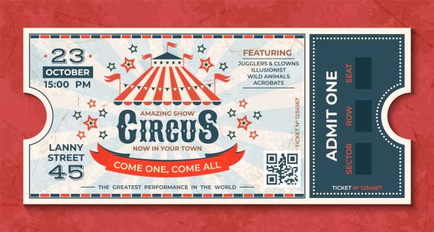 Circus tickets. Vintage carnival event banner, retro luxury coupon with marquee and party announcement. Vector circus greeting card Circus tickets. Vintage carnival event banner, retro luxury coupon with marquee and party announcement. Vector circus luxury greeting card entertainment tent illustrations stock illustrations