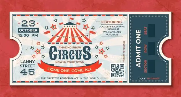 Vector illustration of Circus tickets. Vintage carnival event banner, retro luxury coupon with marquee and party announcement. Vector circus greeting card