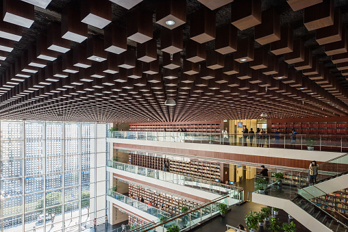 Chengdu, Sichuan province, China - Jan 21, 2016 : Interior of the Chengdu public library which is located in the center of the city.