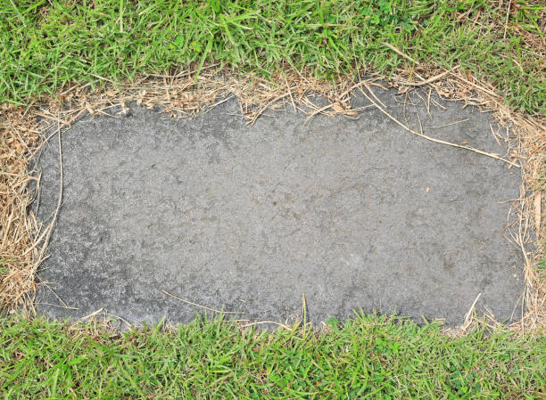istock Stone texture background covered with green grass around. Concrete pattern with copy space at center. 1140287008