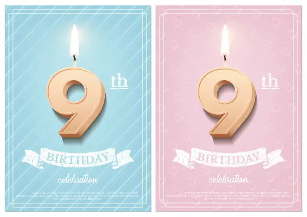 Vector illustration of Burning number 9 birthday candle with vintage ribbon and birthday celebration text on textured blue and pink backgrounds in postcard format. Vector vertical ninth birthday invitation templates.