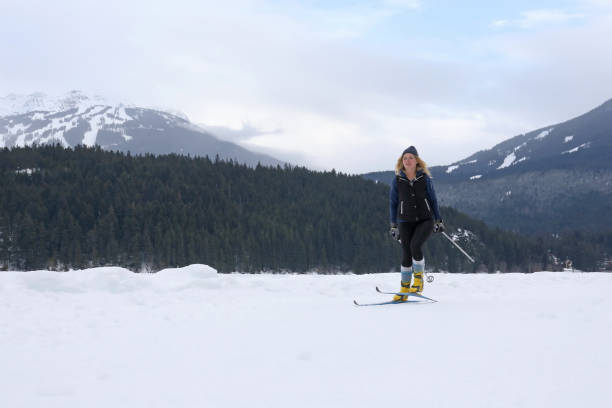istock Young woman skate skis in mountain environment 1140288440