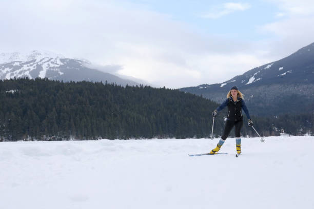 istock Young woman skate skis in mountain environment 1140288497