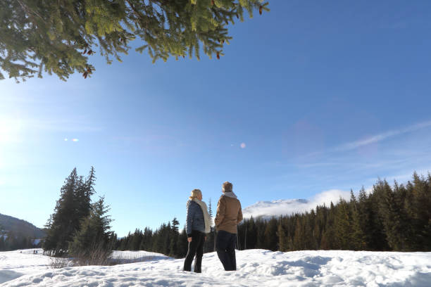 成熟したカップルは牧草地で深い雪を歩く - apres ski lifestyles people blue ストックフォトと画像