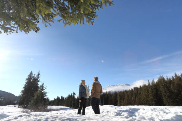 caminhada madura dos pares através da neve profunda no prado - apres ski couple love winter - fotografias e filmes do acervo