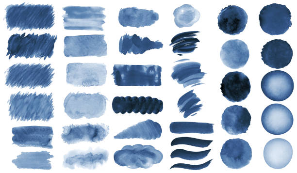 istock Collection of hand-made blue watercolor painted brushes, smears, blobs, stains, circles, stripes, stickers, spot, blots, slick, web buttons, patch backgrounds creative decorative elements Isolated 1140288924