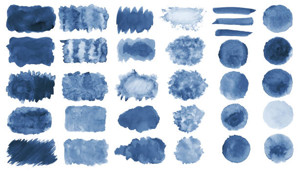 istock Collection of hand-made blue watercolor painted brushes, smears, blobs, stains, circles, stripes, stickers, spot, blots, slick, web buttons, patch backgrounds creative decorative elements Isolated 1140288939