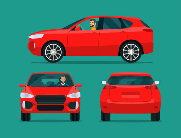 ilustrações de stock, clip art, desenhos animados e ícones de red compact cuv isolated. car cuv with driver man side view, back view and front view. vector flat style illustratio - car driving men people