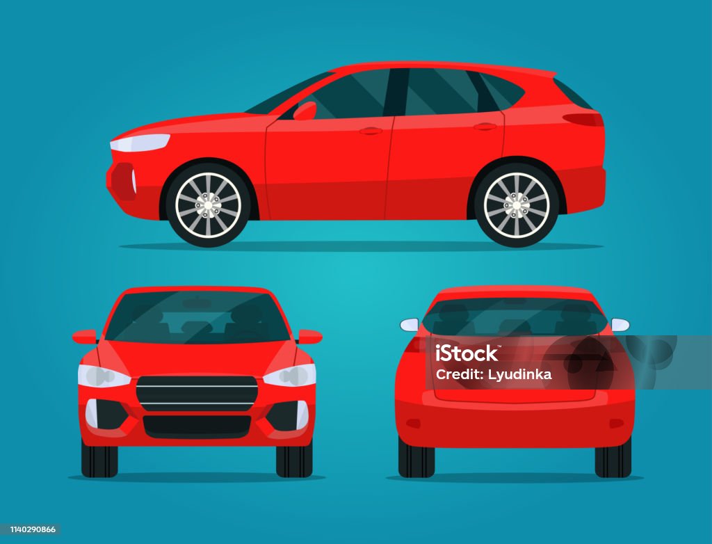 Rode compacte CUV geïsoleerd. Auto CUV met zijaanzicht, rug-en vooraanzicht.  Vector platte stijl Illustratio - Royalty-free Auto vectorkunst