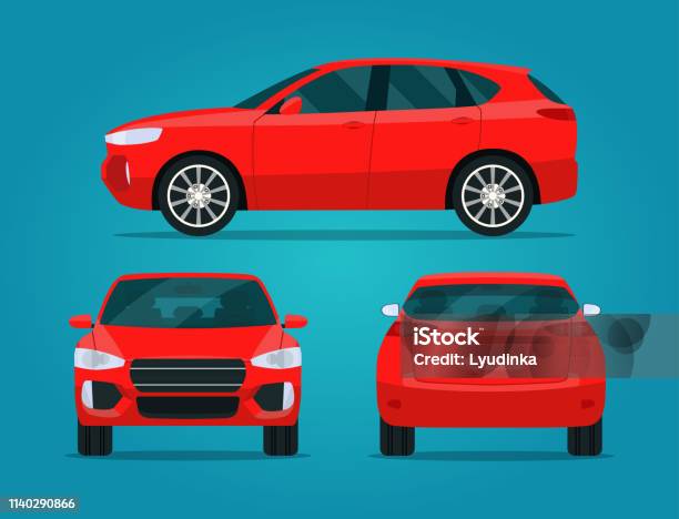 Rode Compacte Cuv Geïsoleerd Auto Cuv Met Zijaanzicht Rugen Vooraanzicht Vector Platte Stijl Illustratio Stockvectorkunst en meer beelden van Auto