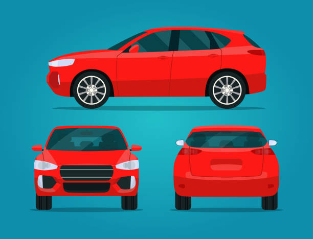 ilustrações de stock, clip art, desenhos animados e ícones de red compact cuv isolated. car cuv with side view, back view and front view.  vector flat style illustratio - car