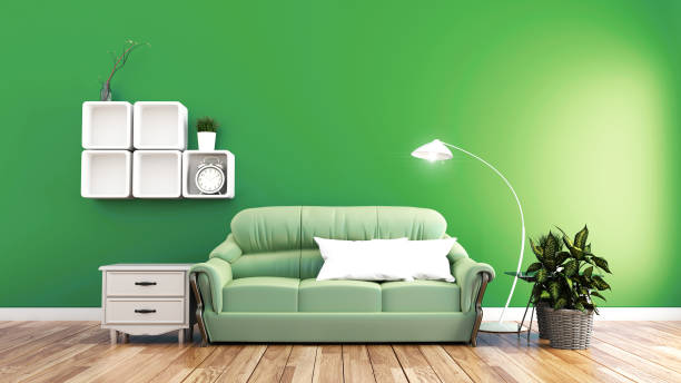 istock Minimal designs, living room interior with sofa plants and lamp on mint wall background. 3D rendering 1140291271