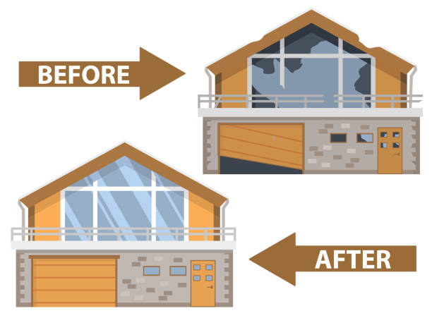 istock House before and after repair. Old run-down home. Renovation building. 1140293207