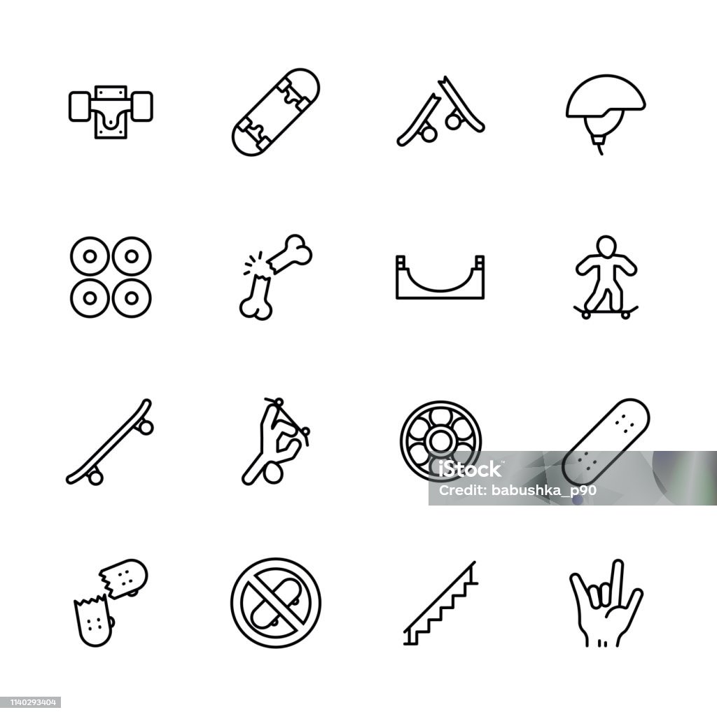 Simple icon set skateboarding and youth sport. Contains such symbols skateboard, wheels, extreme sports, injuries, stunts, skills Balance stock illustration