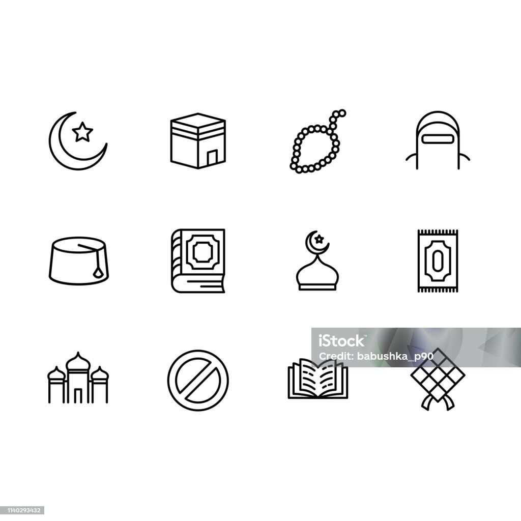 Simple set symbols islam religion. Contains such icon muslim mosque, rosary, carpet and book for prayer and ramadan kareem, crescent and star. Islamic, arabic church muslim spiritual traditional Adult stock illustration
