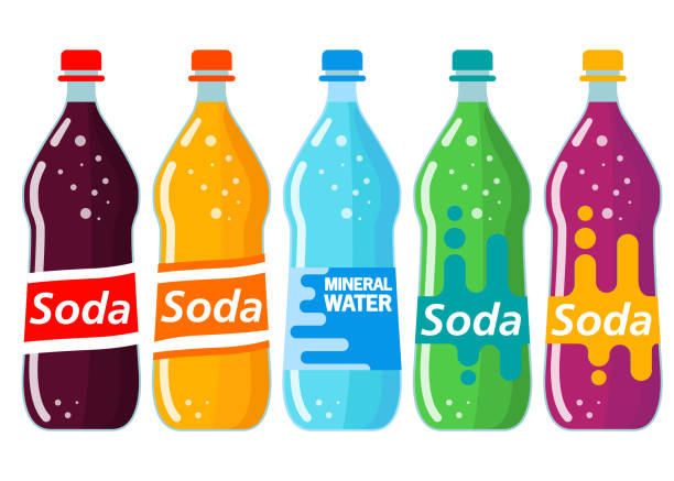 ilustraciones, imágenes clip art, dibujos animados e iconos de stock de conjunto de agua de soda botella de vidrio con rojo able. naranja, limonada de uva. agua mineral. la bebida dulce aireada. - soda