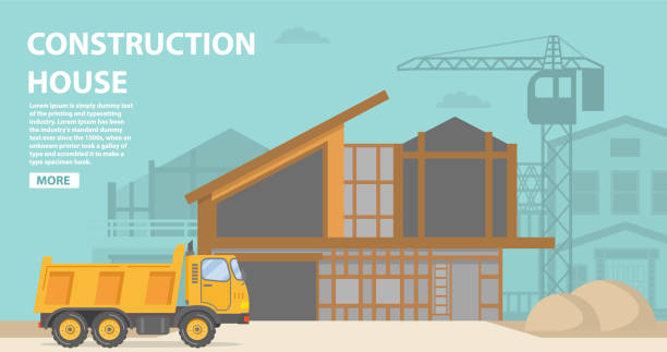 Construction site.Residential building  a brick,wooden apartment house.Construction equipment dumper truck,crane.Home facade garage car. Vehicles freight transportation.Flat vector. flat country stock illustrations