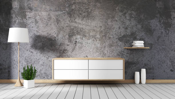 istock stone wall with cabinet mock up interior decoration empty room. 3D rendering 1140294984
