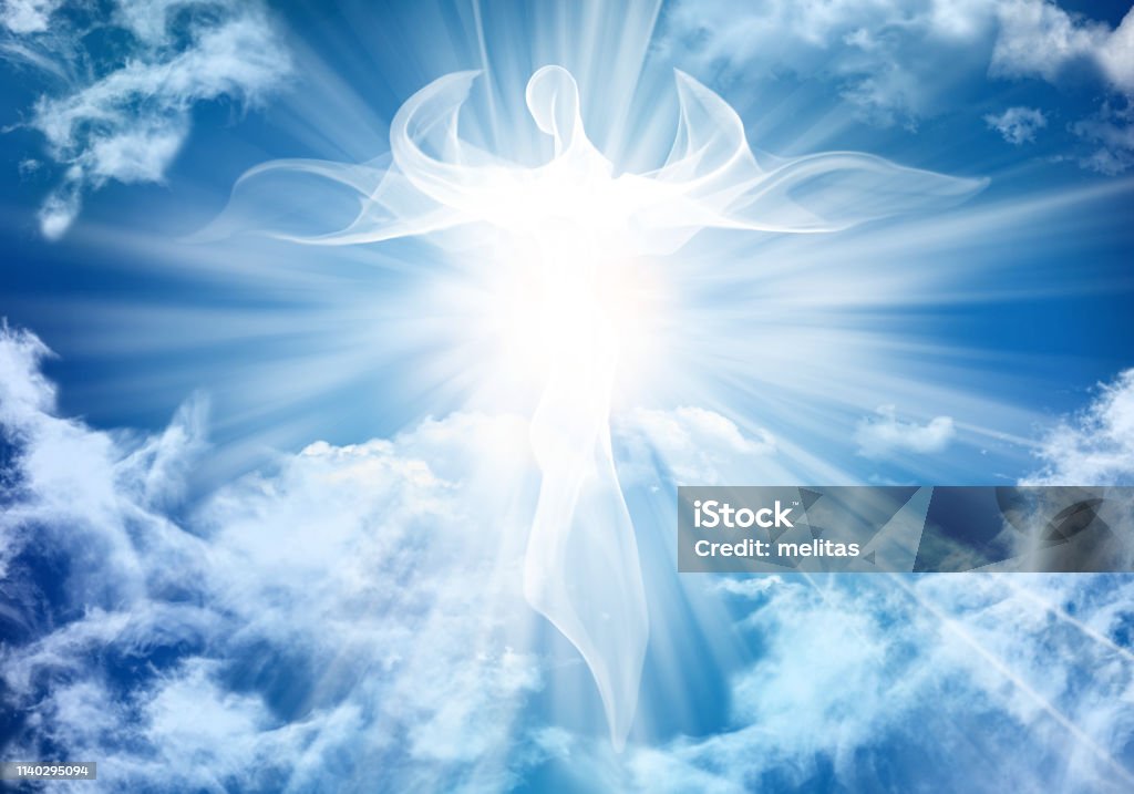 Illustration abstract white angel. Sky clouds with bright light rays Abstract angel. Possible religious or psychological / dream theme use Angel Stock Photo