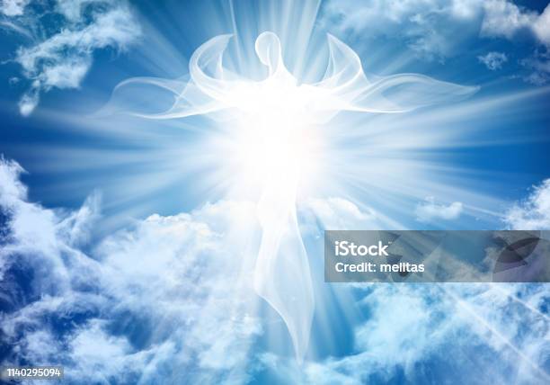 Illustration Abstract White Angel Sky Clouds With Bright Light Rays Stock Photo - Download Image Now