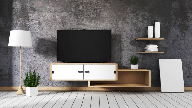 istock stone wall with cabinet mock up interior decoration empty room. 3D rendering 1140295101